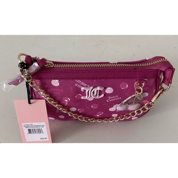 Juicy Couture Cherry On Top Mini Wristlet Bag Raspberry Tart Pink Charm NEW - Picture 4 of 13